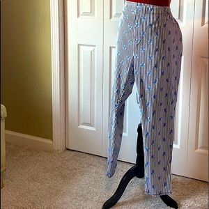 Tera and sky white with navy stripes and flower print Jean leggings.